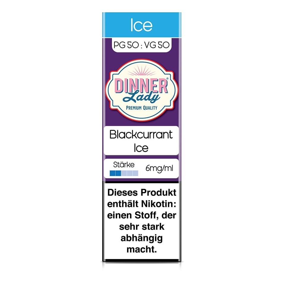 Dinner Lady Liquid Blackcurrant Ice 6mg, violette Verpackung mit Nikotinwarnung, PG 50: VG 50, Stärke 6mg/ml, blaues und weißes Design