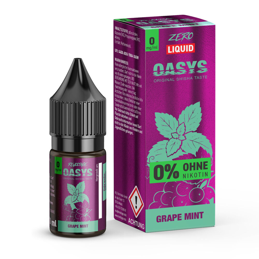 Revoltage Oasys Hybrid Liquid - Grape Mint Revoltage Oasys Hybrid Liquid Grape Mint Flasche und Verpackung; lila Hintergrund, grüne Minz- und Traubengrafik, 0% Nikotin hervorgehoben