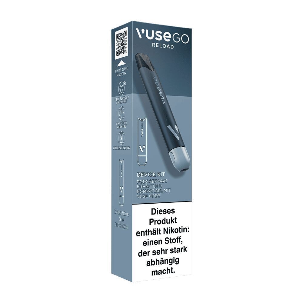 Verpackung des Vuse Go Reload Akku Pen in Schwarz, mit Produkthighlight und Warnhinweis zu Nikotingehalt auf der Vorderseite.