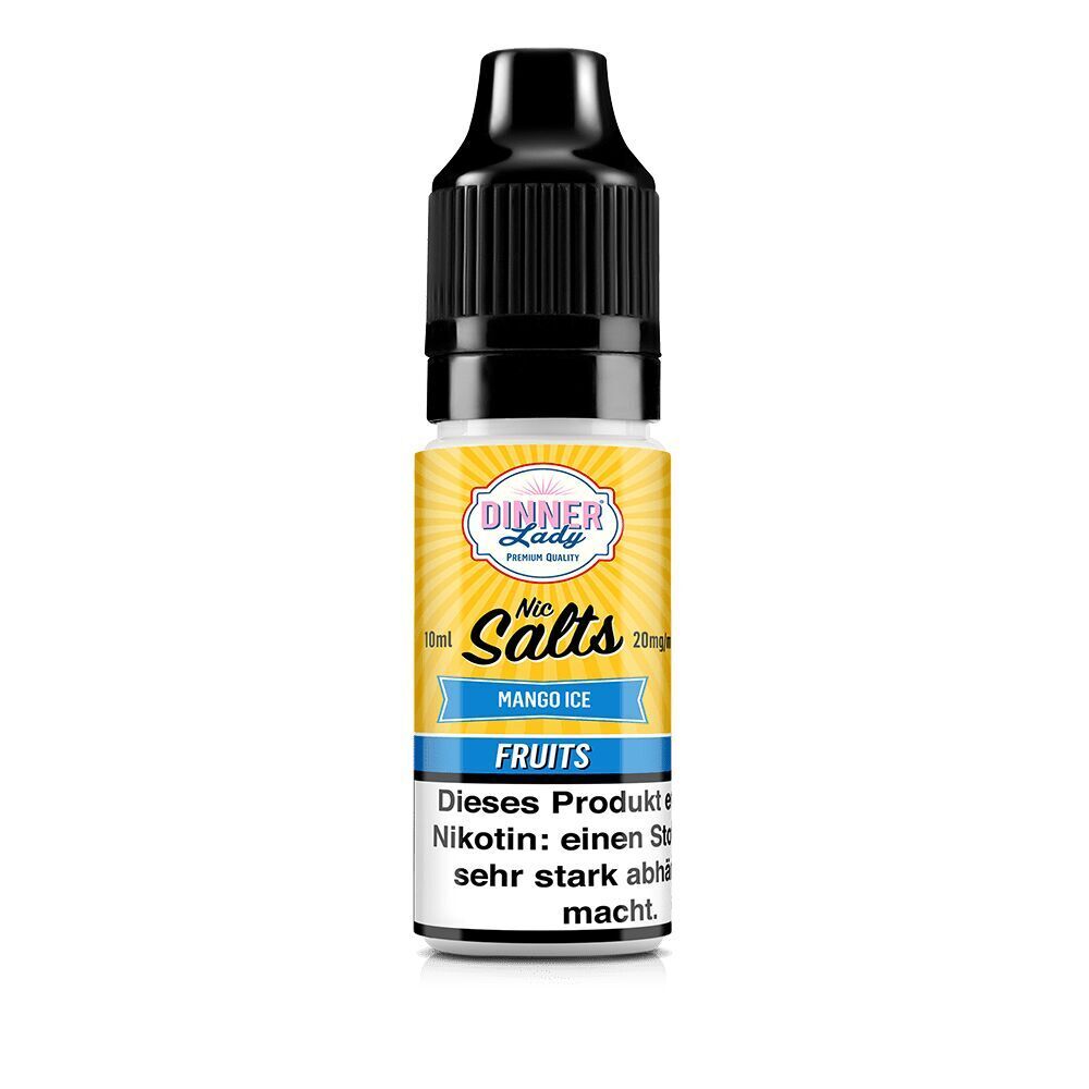 Dinner Lady Nikotinsalz-Flasche mit Mango Ice-Geschmack, 10ml, 20mg, gelbes Etikett mit blauem Mango Ice-Banner und Fruits-Text.