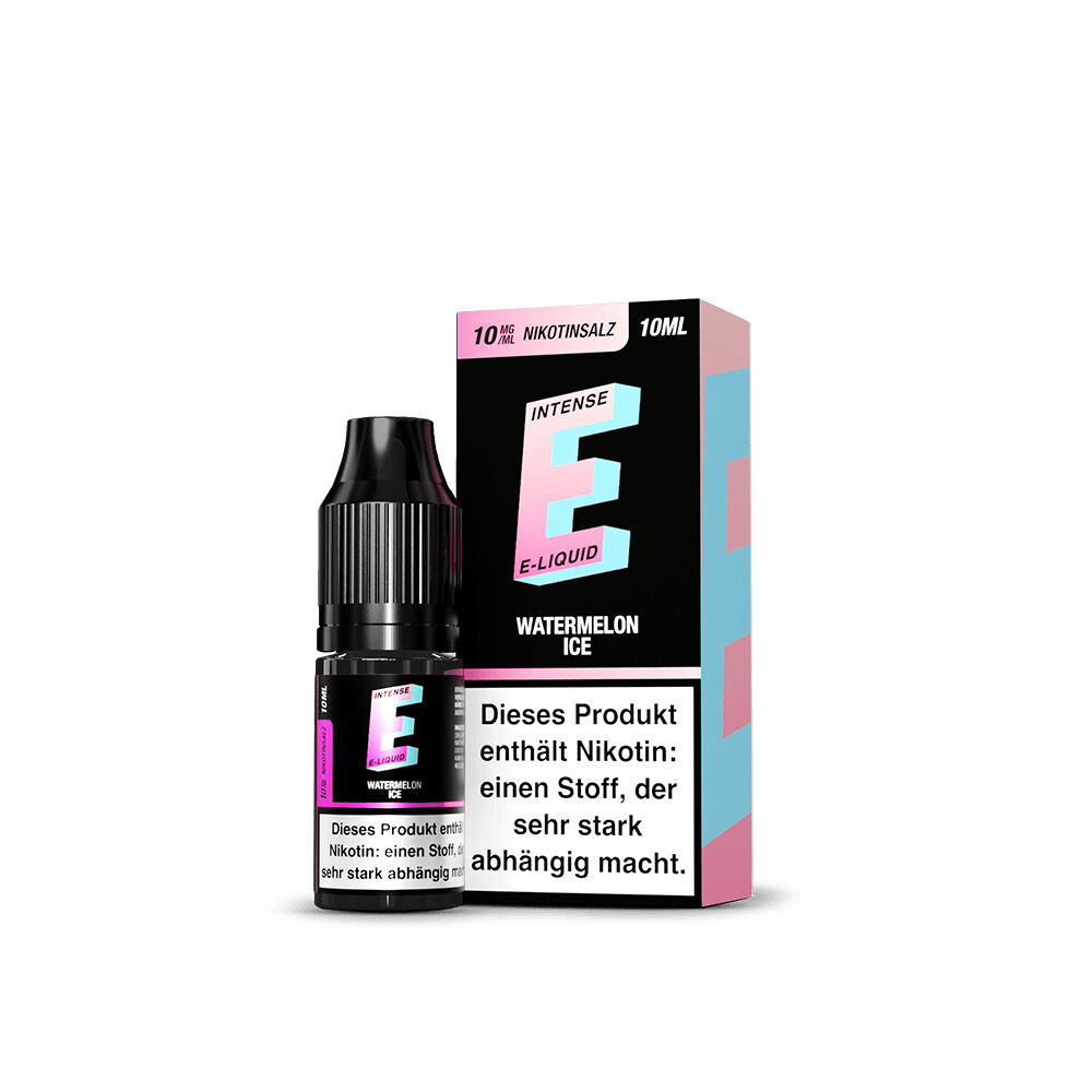 TVE E-Intense Nikotinsalz - Watermelon Ice Flasche und Verpackung von TVE E-Intense Watermelon Ice Nikotinsalz 10mg, schwarz mit pink-türkiser Schrift und Gesundheitshinweis
