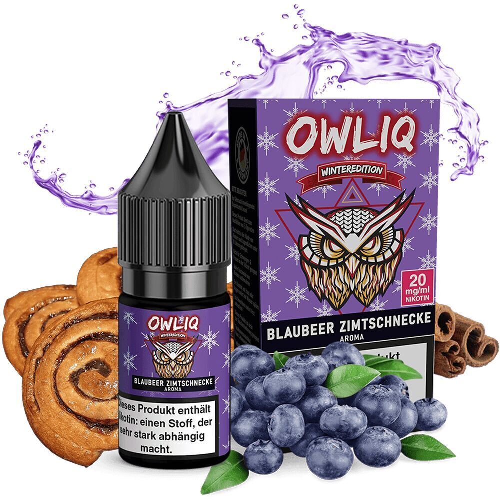 Owliq Nikotinsalz - Blaubeer Zimtschnecke 20mg Owliq Nikotinsalzflasche und -verpackung mit Blaubeeren, Zimtschnecken und Zimtstange abgebildet, 20 mg/ml Nikotin