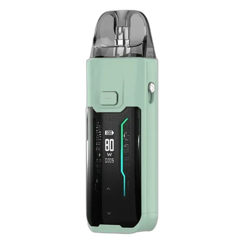 Vaporesso Luxe XR Max Pod Kit in Grün, mit transparentem Mundstück, LED-Anzeige bei 80 Watt und einer Taste an der Vorderseite.