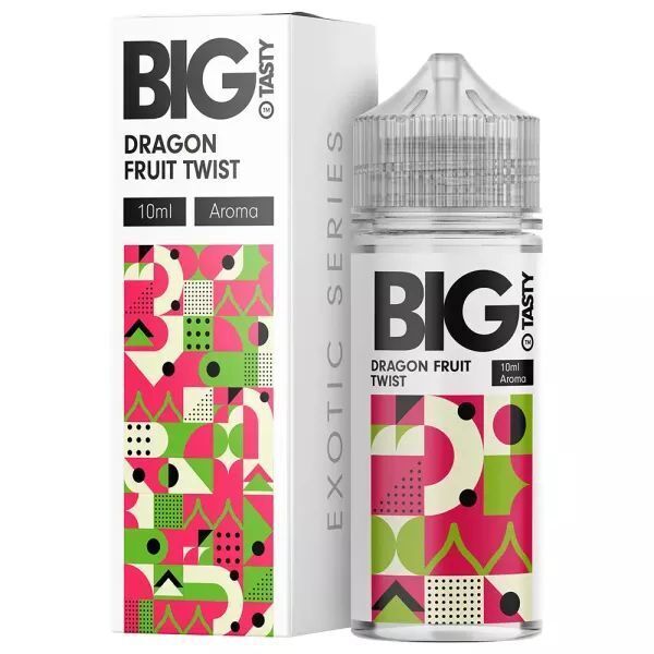 Aroma Dragon Fruit Twist von Big Tasty Flasche und Verpackung mit geometrischen Mustern, Aufschrift "Big Tasty Dragon Fruit Twist", 10ml Aroma, farbenfroh gestaltet.