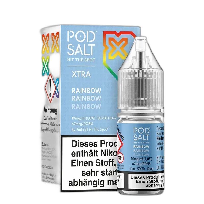 Liquid Rainbow von Pod Salt Xtra Pod Salt Xtra Nikotinsalz Rainbow mit blauer Verpackung und weißer Flasche, Warnhinweise und Details zu Inhaltsstoffen sind sichtbar.