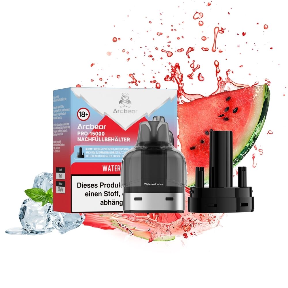 Arcbear Pro 15000 Pods - Watermelon Ice 20mg Arcbear Pro 15000 Pods Watermelon Ice 20mg Nachfüllbehälter vor einer Scheibe Wassermelone, Eiswürfeln und einem Mintblatt.