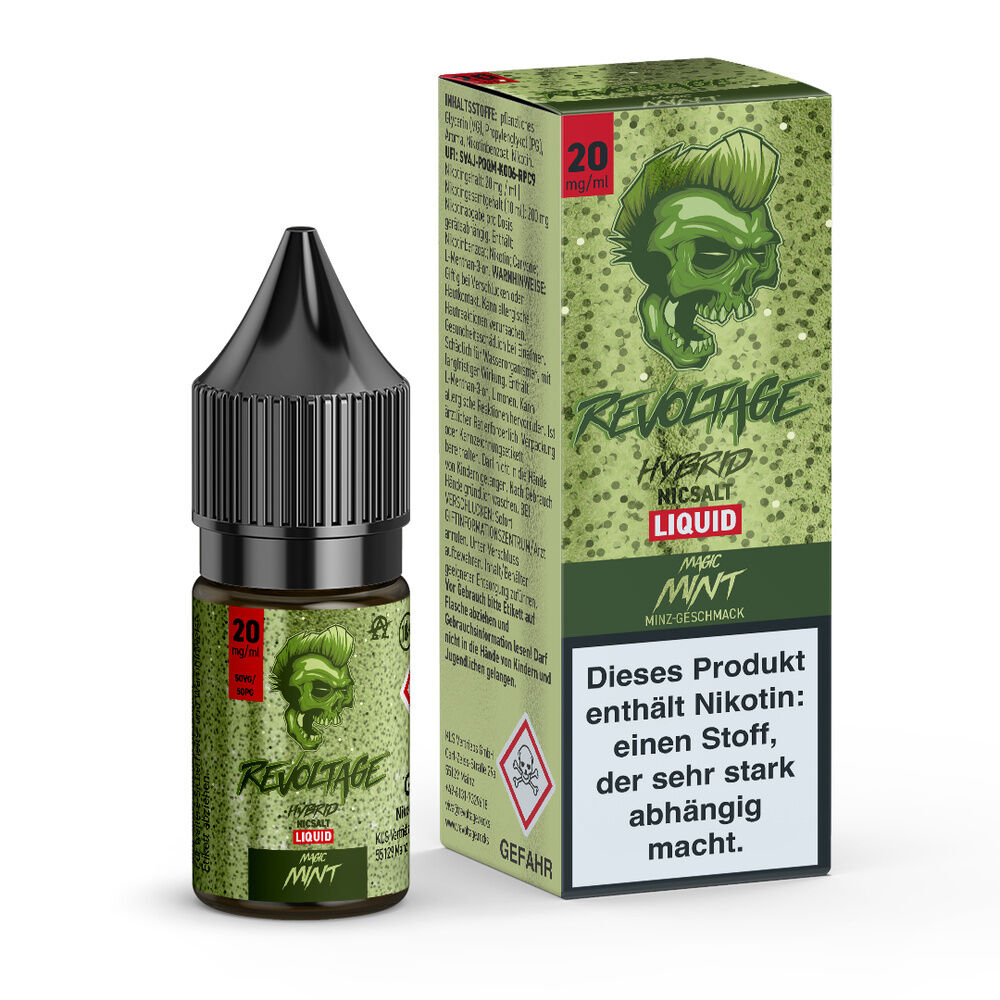Flasche und Verpackung des Revoltage Hybrid Liquid Magic Mint 20mg mit grünem Totenkopf-Design und Text, der Nikotinwarnung enthält.