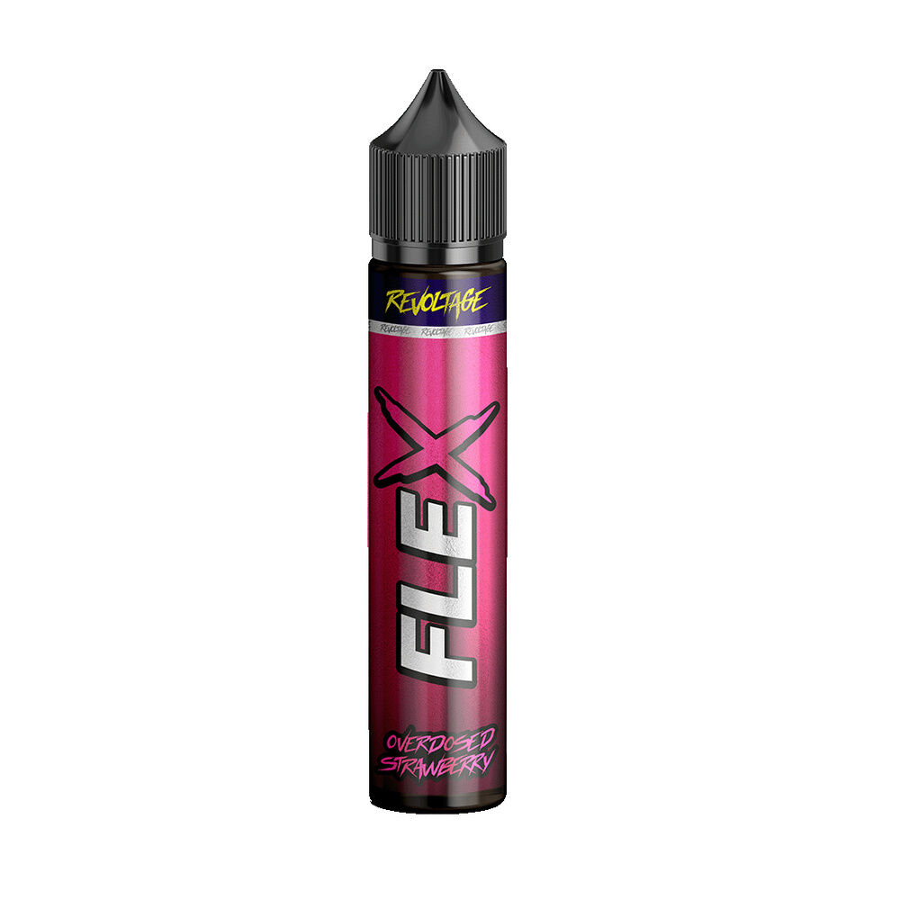 revoltage-flex-longfill-aroma-strawberry-7ml Revoltage Flex Longfill Aroma-Flasche mit der Aufschrift „FLEX“ und „Overdosed Strawberry“ auf einem pinkfarbenen Hintergrund.