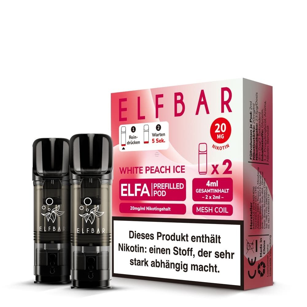 ELB561 Elfbar ELFA Pods White Peach Ice 20mg, zwei schwarze Pods vor einer Verpackung mit Nikotin-Warnung und Anleitung abgebildet.
