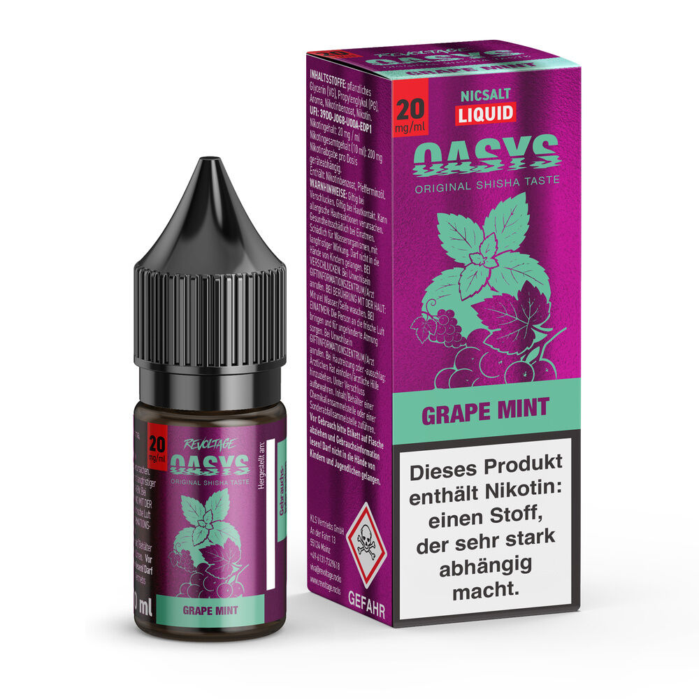 Revoltage Oasys Grape Mint E-Liquid, 20 mg/ml Nikotin, Schachtel und Flasche in Lila mit Minz- und Traubenillustration und Warnhinweis.