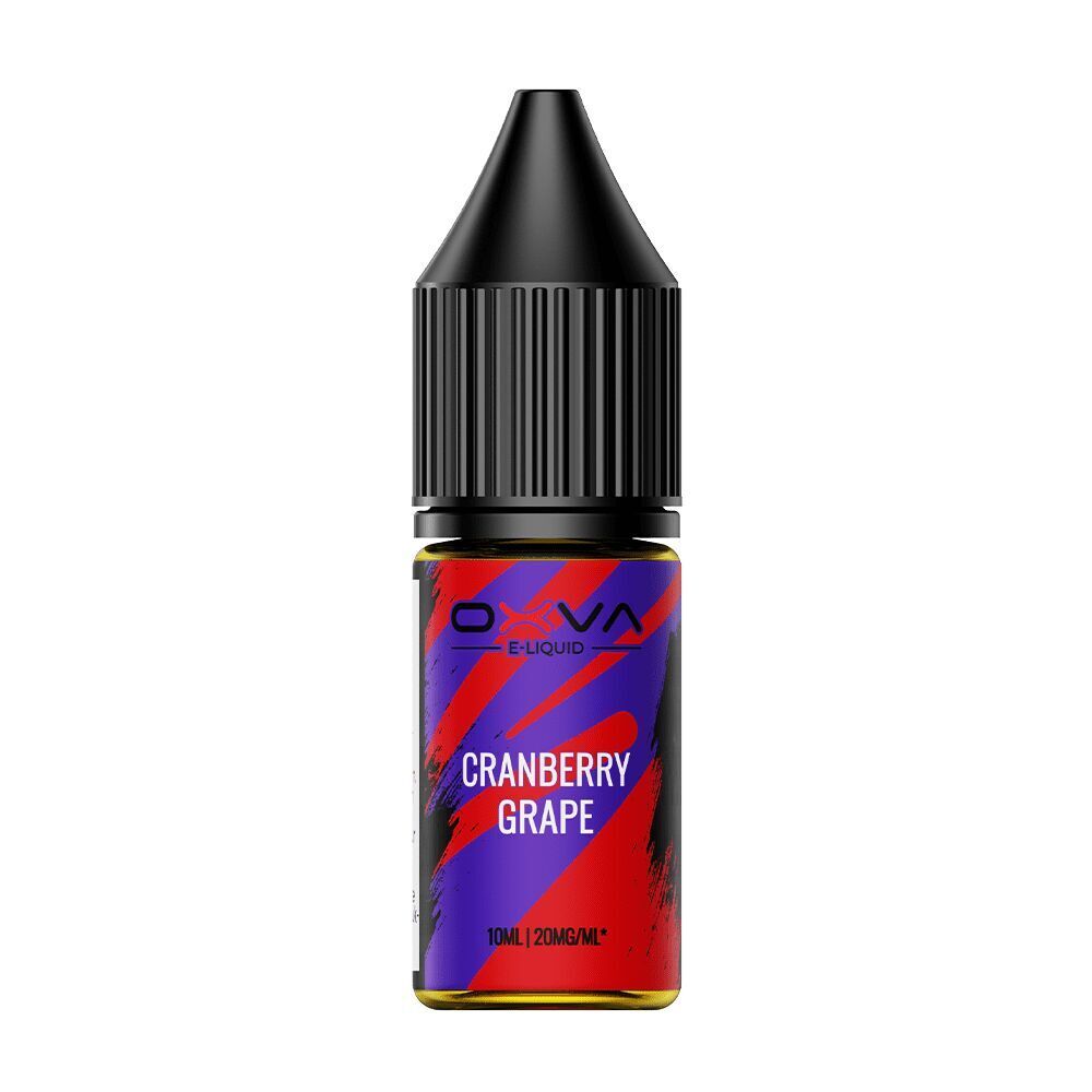 Oxva E-Liquid Flasche mit schwarzem Deckel, auf dem Etikett steht Cranberry Grape, 10ml, 20mg/ml, rotes und lila Design.