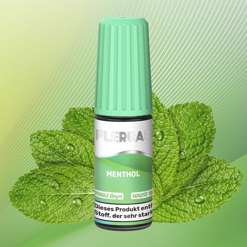 Liquid Menthol von Flerbar Flerbar Nikotinsalzflasche mit Mentholgeschmack, mintgrüner Deckel, Fokus auf Blätter im Hintergrund und einer Warnhinweistextur.