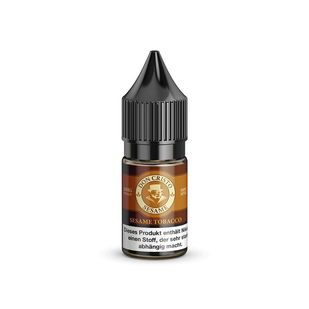 Liquid Sesame 20mg - Don Cristo Don Cristo Nikotinsalz-Flasche mit schwarzem Tropfverschluss, Etikett in Braun- und Beigetönen, „Sesame Tobacco“ und Nikotinwarnhinweis