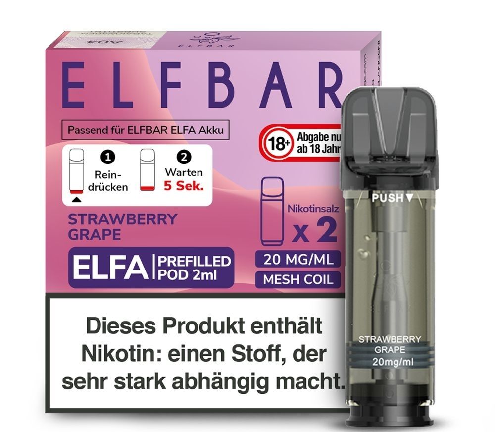 Strawberry Grape Elfa Pods von Elfbar 20mg Elfbar ELFA Pod Strawberry Grape 20mg, 2ml Nikotinsalz, Verpackung mit Warnhinweis über Abhängigkeit, passend für ELFA Akku.