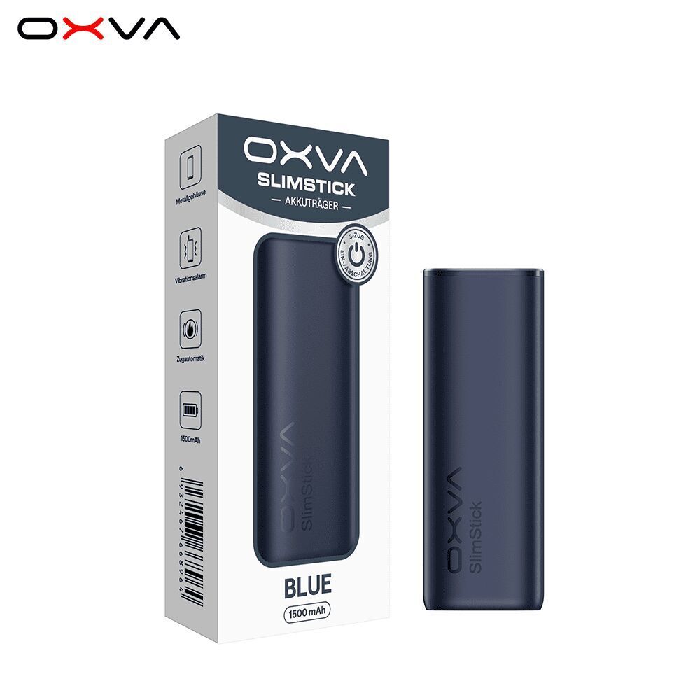 Oxva Slimstick Akku - Blue Oxva Slimstick Akku in Blau, 1500 mAh, neben der passenden Produktverpackung mit Text und Logo, die Merkmale des Geräts hervorhebt.