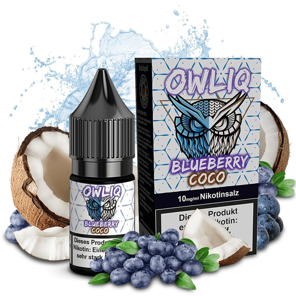 Owliq Nikotinsalz - Blueberry Coco Owliq Nikotinsalz mit Blueberry Coco Geschmack, 10 mg/ml, in schwarzer Flasche neben blauem Karton mit Eulenlogo, umgeben von Blaubeeren und Kokosnüssen