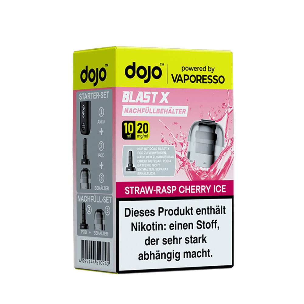 Vaporesso Dojo Blast X Pods - 20mg Nikotinsalz Vaporesso Dojo Blast X Pods Verpackung in Gelb und Pink mit Strawberry Rasp Cherry Ice 20mg, Warnhinweis zu Nikotinabhängigkeit
