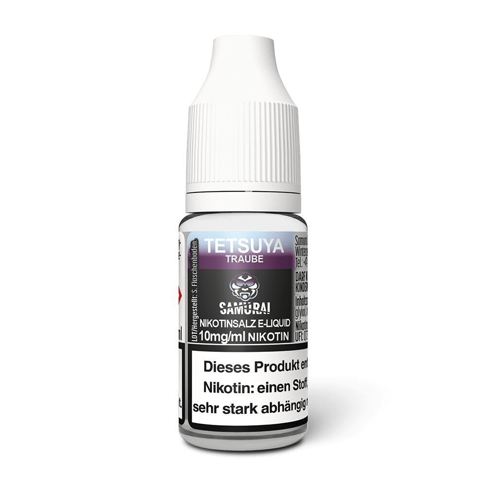 Liquid Tetsuya Traube 10mg - Samurai Flasche Samurai Nikotinsalz E-Liquid Tetsuya Traube 10mg, etikettiert mit Warnhinweis zu Nikotinabhängigkeit.