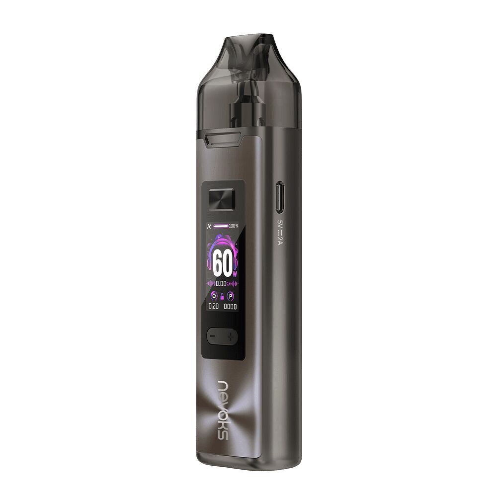 Nevoks Feelin XR Pro Pod Kit in Noble Brown mit digitalem Display und seitlichem Anschluss, zeigt 60W Leistungsanzeige und Ladestatus.