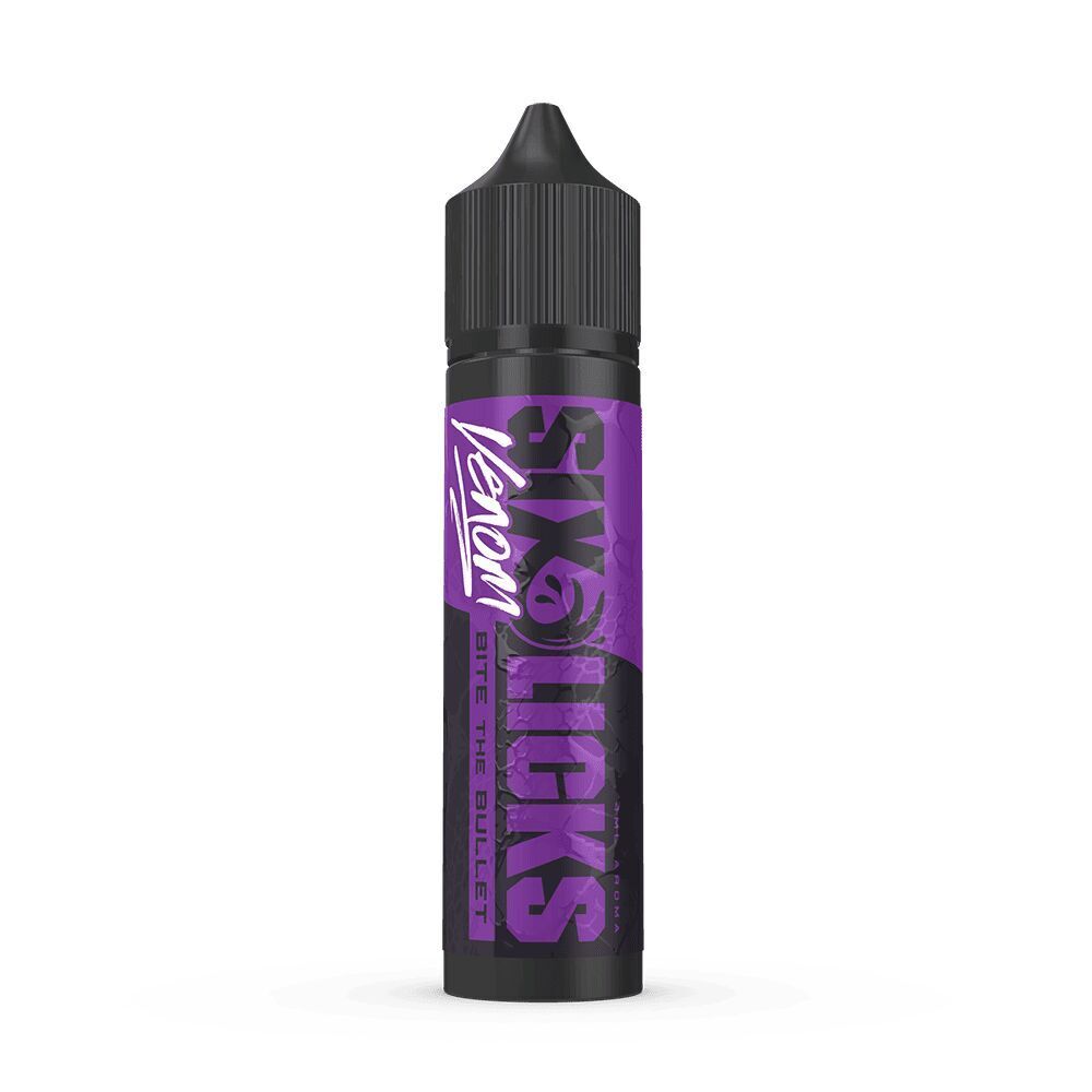 Six Licks Venom Aroma - Bite the Bullet Schwarze Flasche mit lila Etikett des Six Licks Venom Aromas mit der Aufschrift Bite the Bullet, schwarzer Verschlussaufsatz.