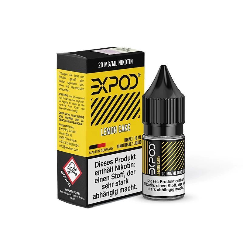 Liquid Lemon Cake von Expod Expod Lemon Cake Nikotinsalz-Flasche und Verpackung mit Warnhinweisen und 20 mg/ml Nikotinangabe.
