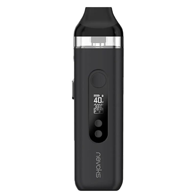 Nevoks Feelin X Pod Kit in der Farbe Schwarz Nevoks Feelin X Pod Kit in Schwarz, schlankes Design mit Bildschirm und zwei Tasten, Marke "nevoks" sichtbar darunter.