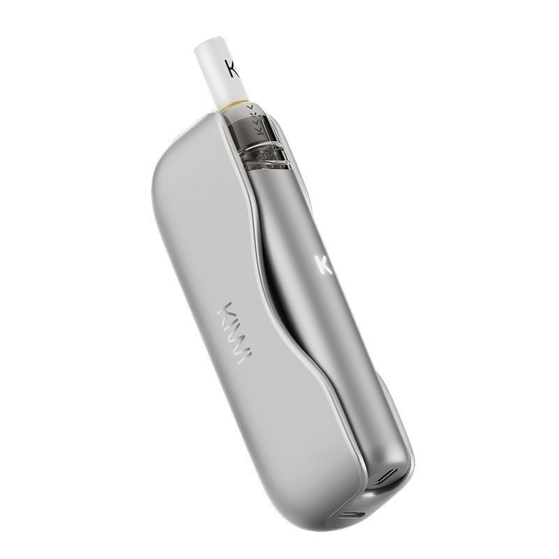 Kiwi 2 Pod Kit Nimbus Cloud in silber mit KIWI-Branding, integriertem Mundstück und USB-C-Anschluss am Boden.