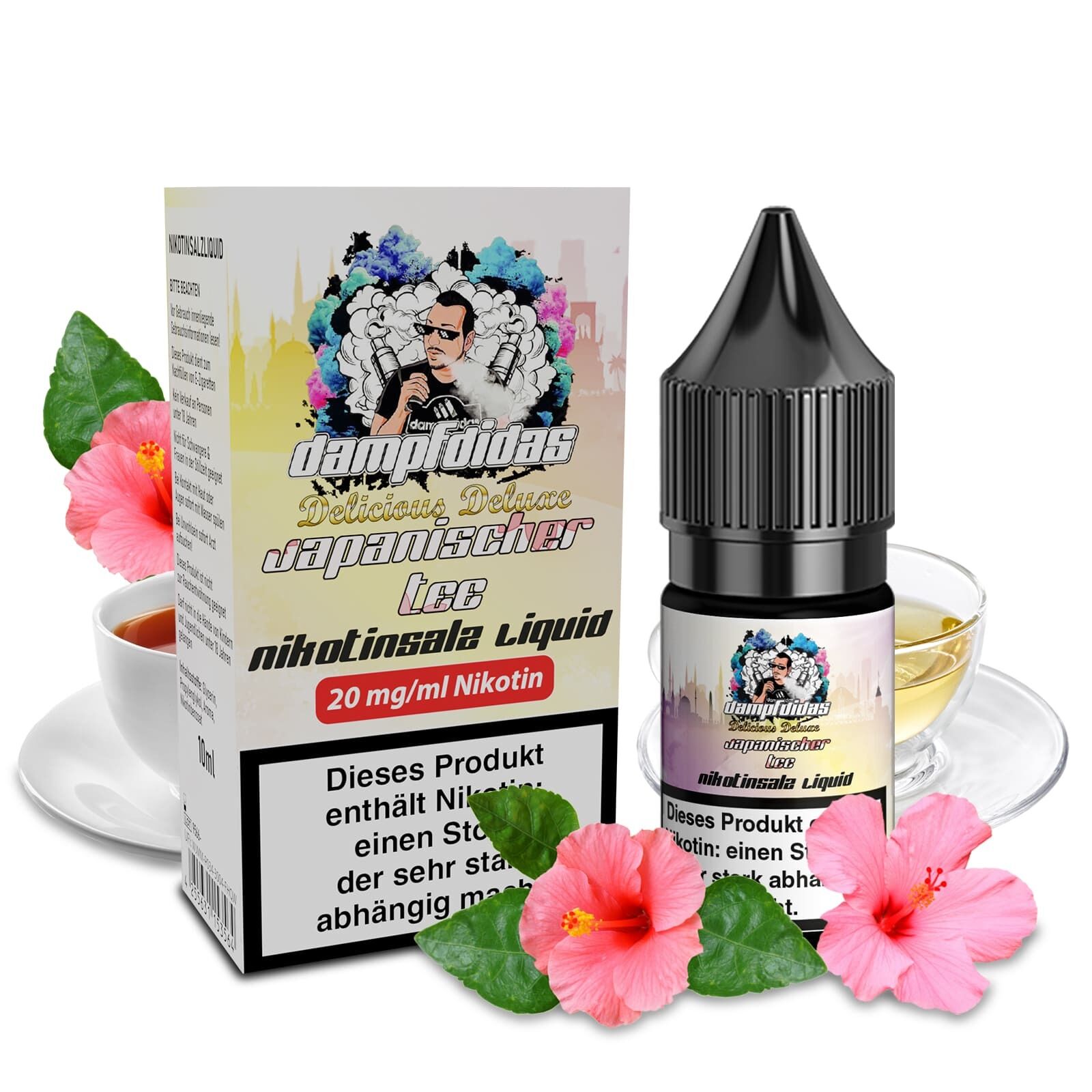 Liquid Japanischer Tee 20mg - Dampfdidas Verpackung und Flasche von Dampfdidas Nikotinsalz Japanischer Tee 20mg, mit Hibiskusblüten, Teetasse und Warnhinweis im Vordergrund