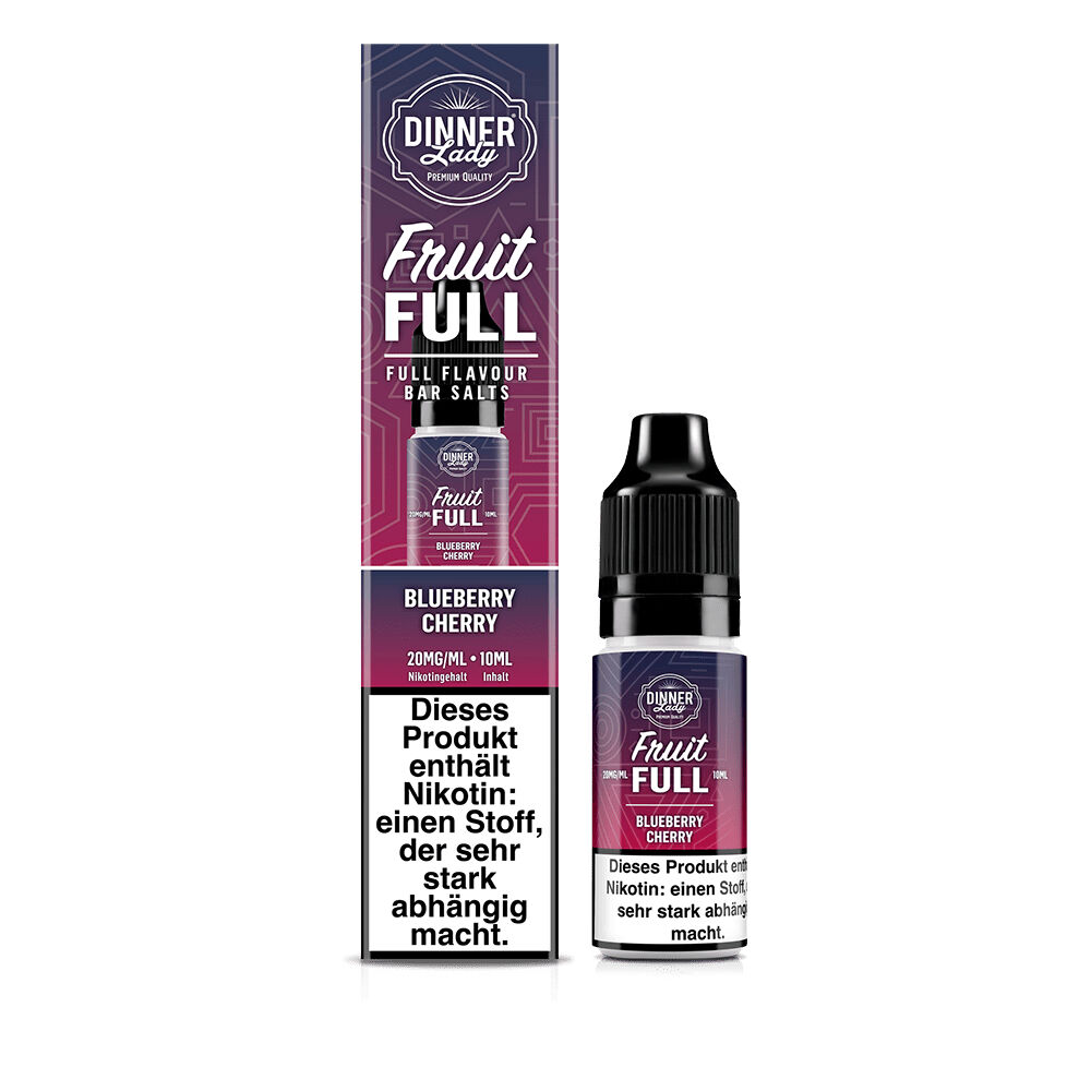 Dinner Lady Fruit Full Nikotinsalz - Blueberry Cherry Dinner Lady Fruit Full Blueberry Cherry Nikotinsalzflasche neben passender Verpackung mit Nikotin-Warnhinweis, 20mg/ml, 10ml