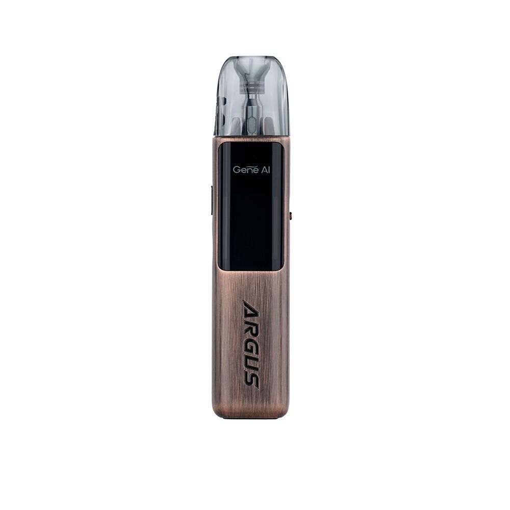 Voopoo Argus G2 Pod Kit Luxury Walnut Voopoo Argus G2 Pod Kit in Walnussoptik mit Display und deutlichem "Argus"-Schriftzug auf der Vorderseite, transparenter Pod oben.