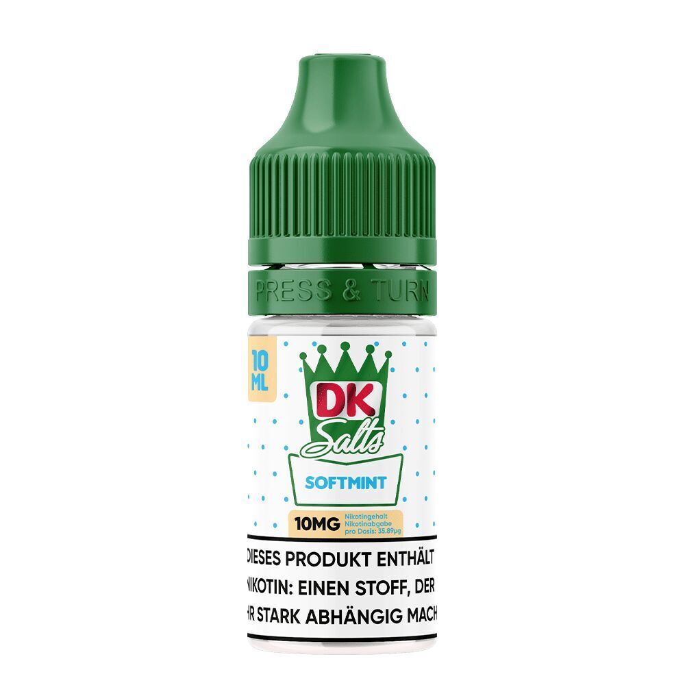 Liquid Softmint 10mg - DK Salts DK Salts Nikotinsalz Softmint Flasche mit grünem Verschluss, 10ml, enthält 10mg Nikotin, Mint-Aroma, Warnhinweis auf Abhängigkeit.