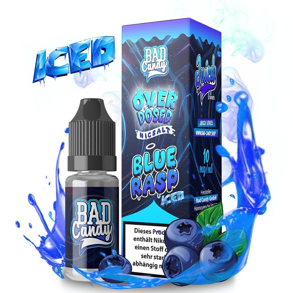 Liquid Blue Rasp Iced 20mg - Bad Candy Overdosed Flasche und Verpackung von Bad Candy Overdosed Nicsalt Blue Rasp Iced 10mg, umgeben von spritzendem blauen Saft und blauen Himbeeren.