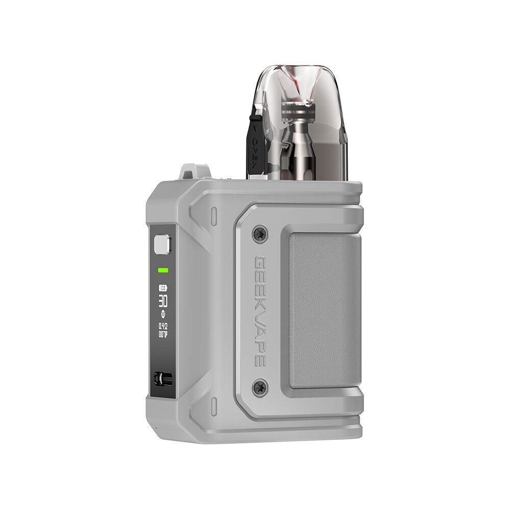 Geekvape Aegis HQ Pod Kit in der Farbe Gray Geekvape Aegis HQ Pod Kit in Grau mit LED-Anzeigen, transparenter Pod-Kartusche oben und seitlichem Branding.