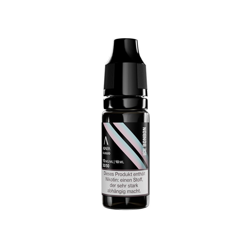 Liquid Ice Bonbon 10mg - Adalya Nikotinsalz Adalya Nikotinsalz Ice Bonbon Flasche mit schwarzem Verschluss und Warnhinweis; enthält 10 mg/ml Nikotin, 10 ml, 50/50 Mischung.