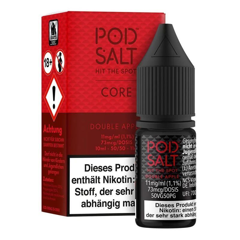 Liquid Double Apple von Pod Salt Core Pod Salt Core Nikotinsalz Double Apple Flasche und Verpackung mit Warnhinweisen und roten Akzenten