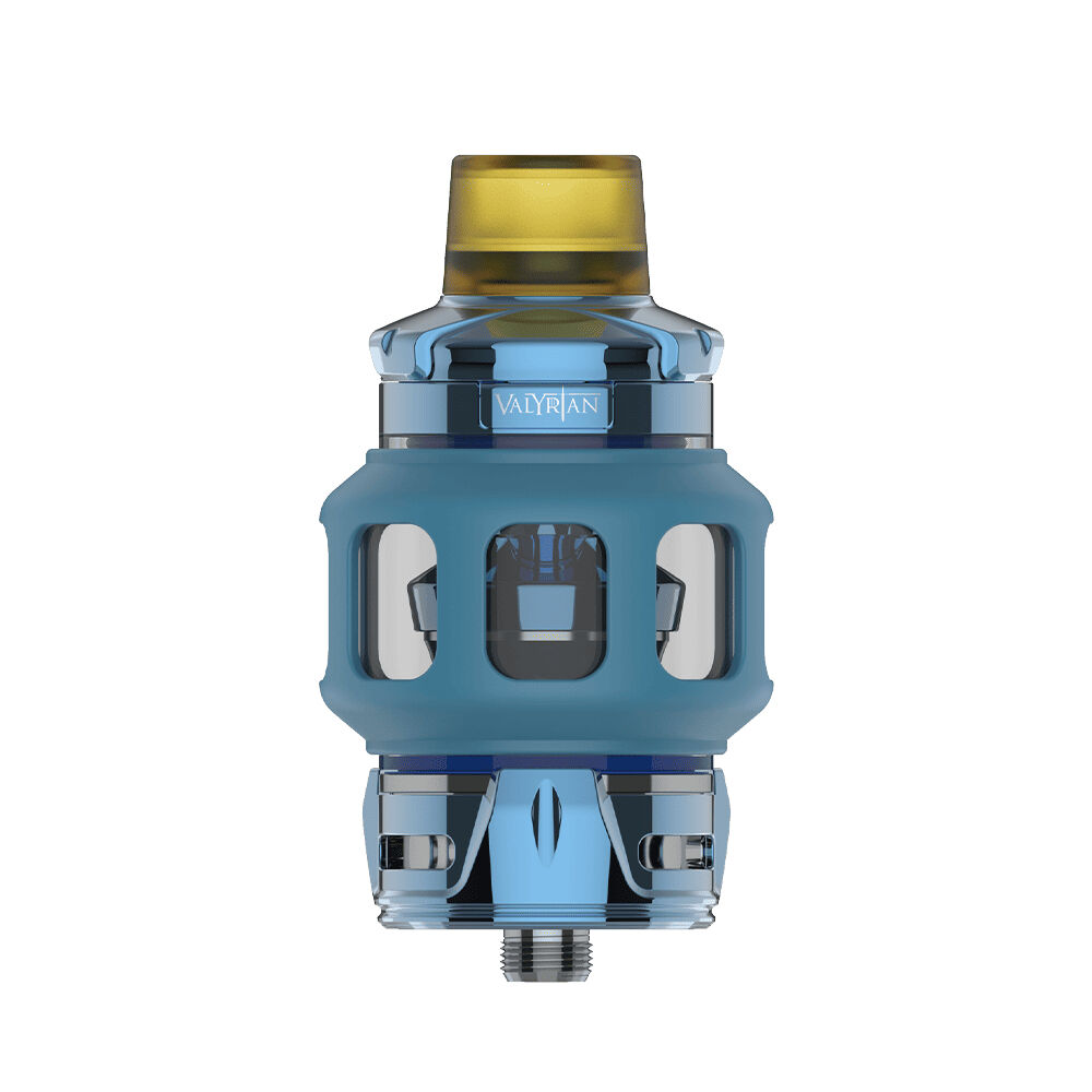 Uwell Valyrian 4 Tank in Sapphire Blue, mit durchsichtigem Gehäuse, gelbem Mundstück und Valyrian-Schriftzug.