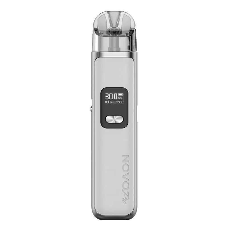 Smok Novo Pro Pod Kit in der Farbe White Leather Smok Novo Pro Pod Kit in weißem Lederdesign mit Display, zeigt 30.0 W und Akkustand, darunter großer Knopf, seitlich „Novo Pro“-Text.