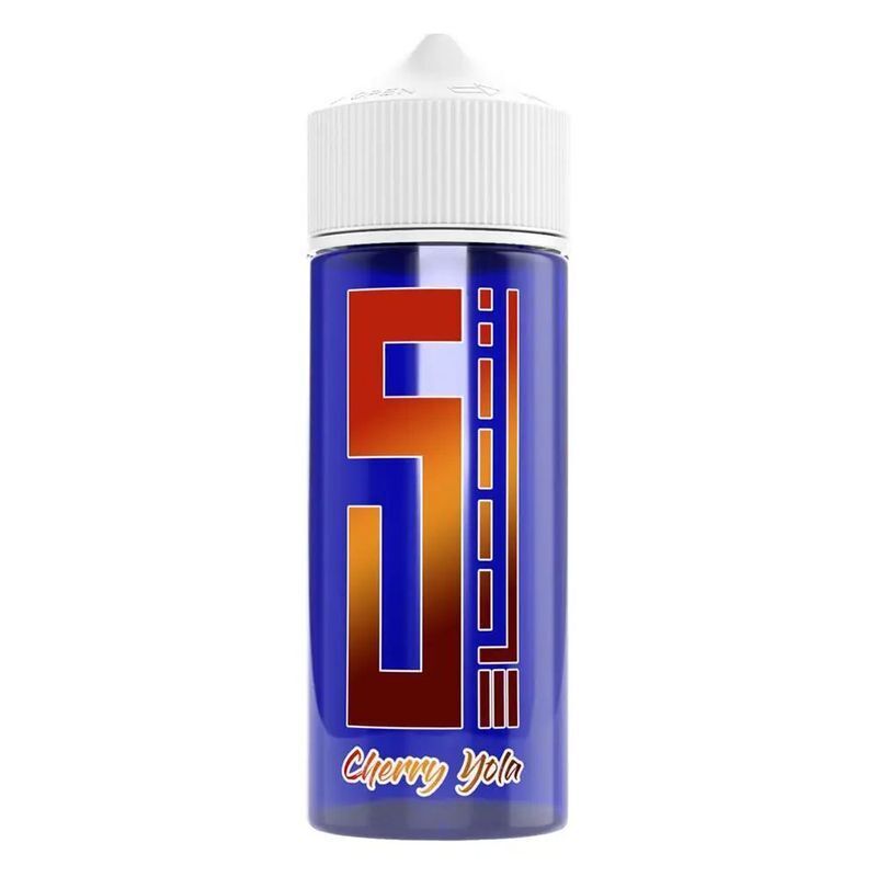 Aroma Cherry Yola von 5 Elements Blaues Fläschchen mit weißem Verschluss, große Aufschrift "5 Elements", darunter der Schriftzug "Cherry Yola" in Rot-Gelb.