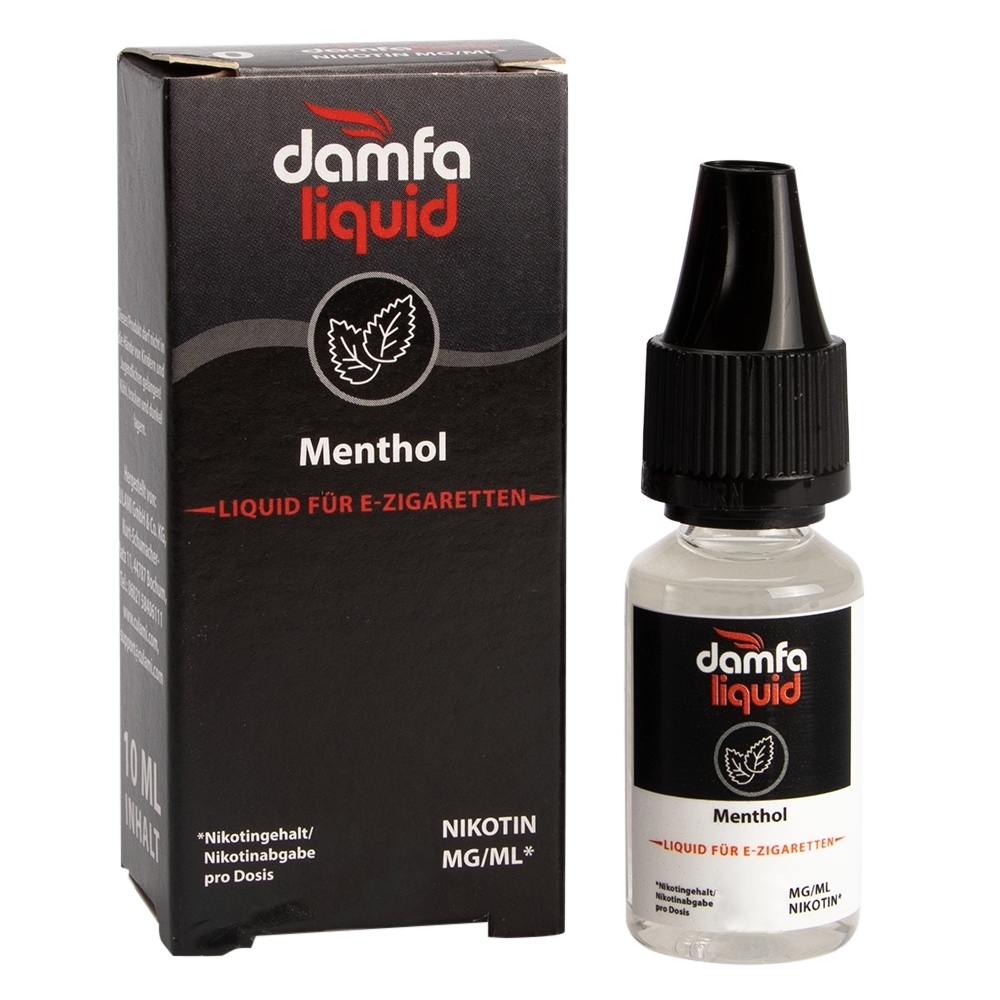 Damfaliquid Menthol 6mg, E-Zigaretten-Liquidflasche neben schwarzer Verpackung mit rotem Logo, weißer Text und Blattmotiv.