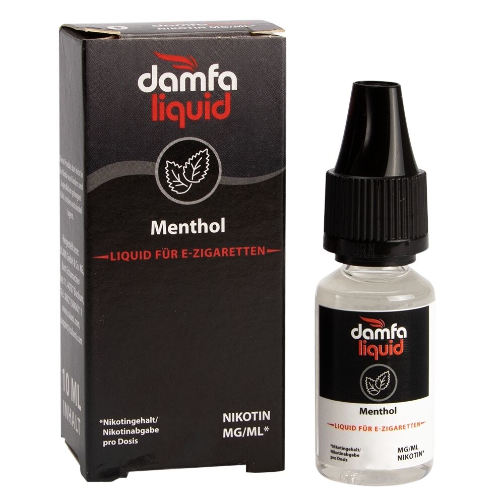 Liquid Menthol 12mg - Damfaliquid Damfaliquid Menthol 6mg, E-Zigaretten-Liquidflasche neben schwarzer Verpackung mit rotem Logo, weißer Text und Blattmotiv.