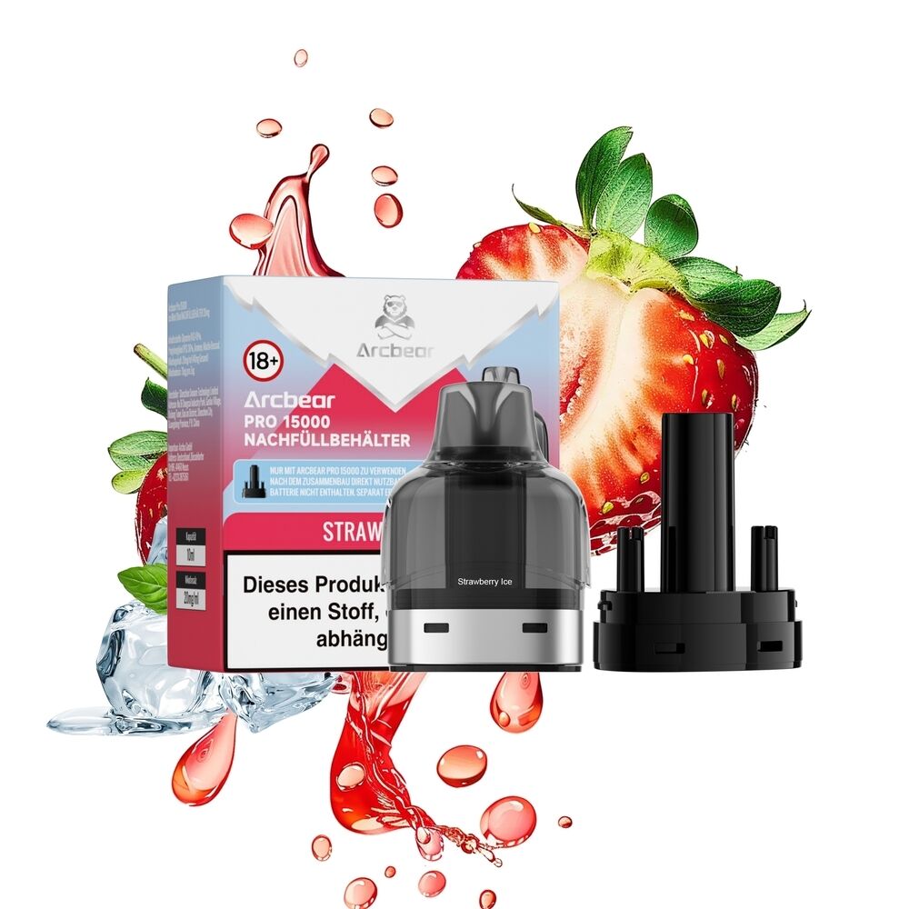 Arcbear Pro 15000 Pods - Strawberry Ice 20mg Arcbear Pro 15000 Pod Strawberry Ice 20mg Verpackung, Pod und Nachfüllbehälter vor Erdbeeren, Eiswürfeln und spritzender Flüssigkeit