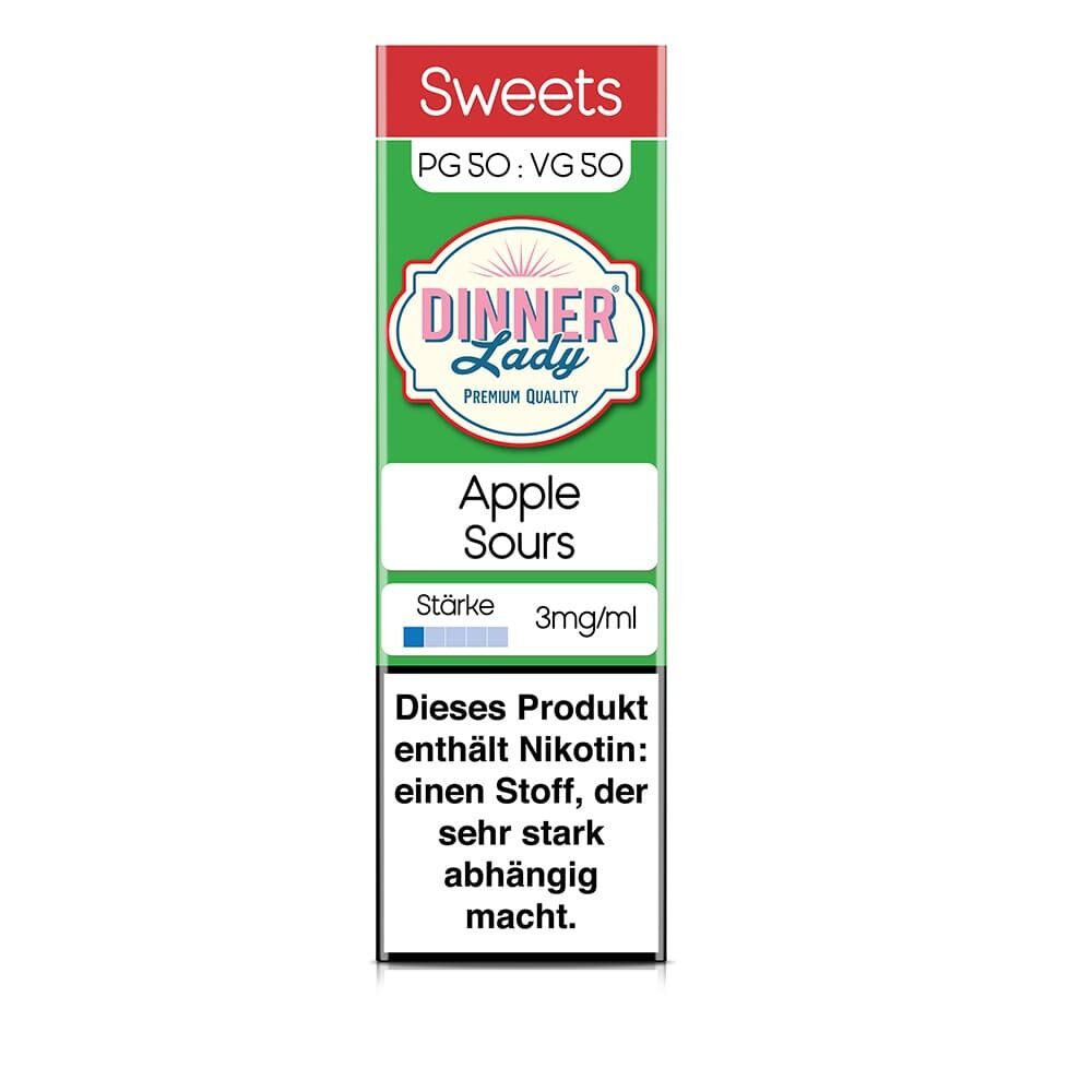Verpackung von Dinner Lady Apple Sours Liquid mit 3mg Nikotin und Warnhinweis über enthaltenes Nikotin.