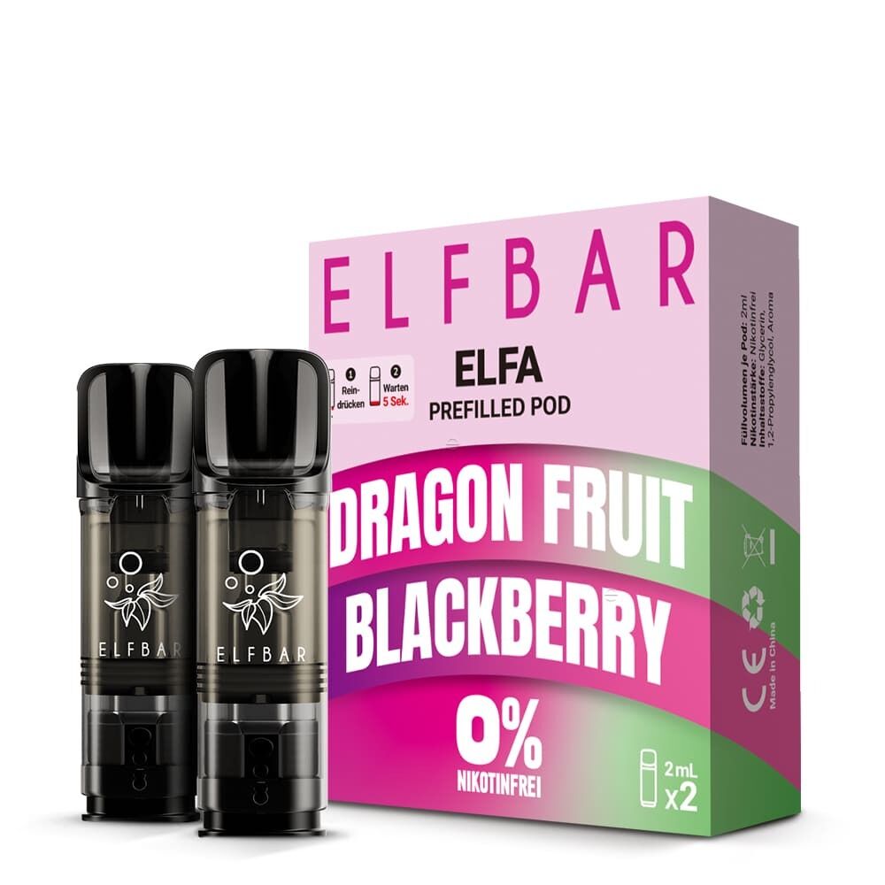 ELB563 Zwei Elfbar ELFA Pods vor einer Verpackung mit der Aufschrift Dragon Fruit Blackberry und 0% Nikotinfrei