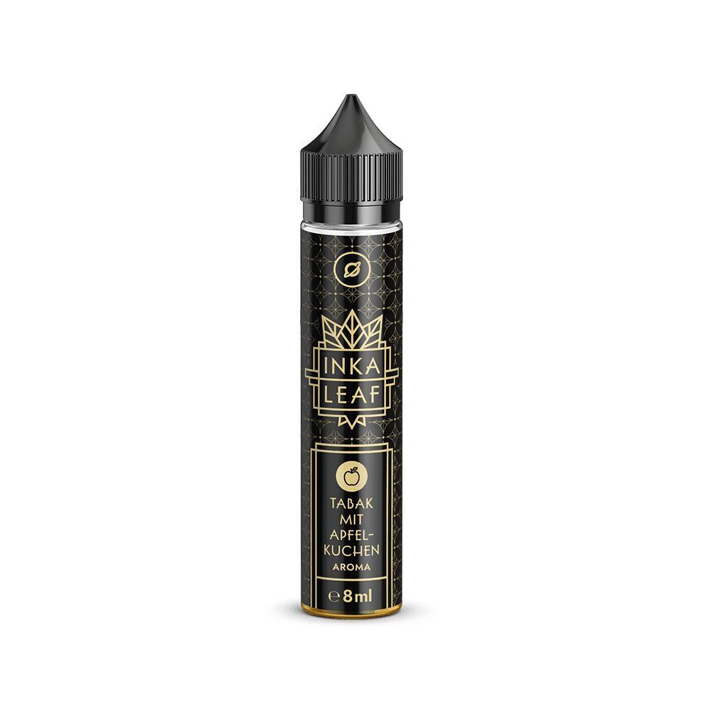 E-Liquid-Flasche von Inka Leaf, Aroma: Tabak mit Apfelkuchen, schwarzes Design, goldene Akzente, 8 ml Inhalt.