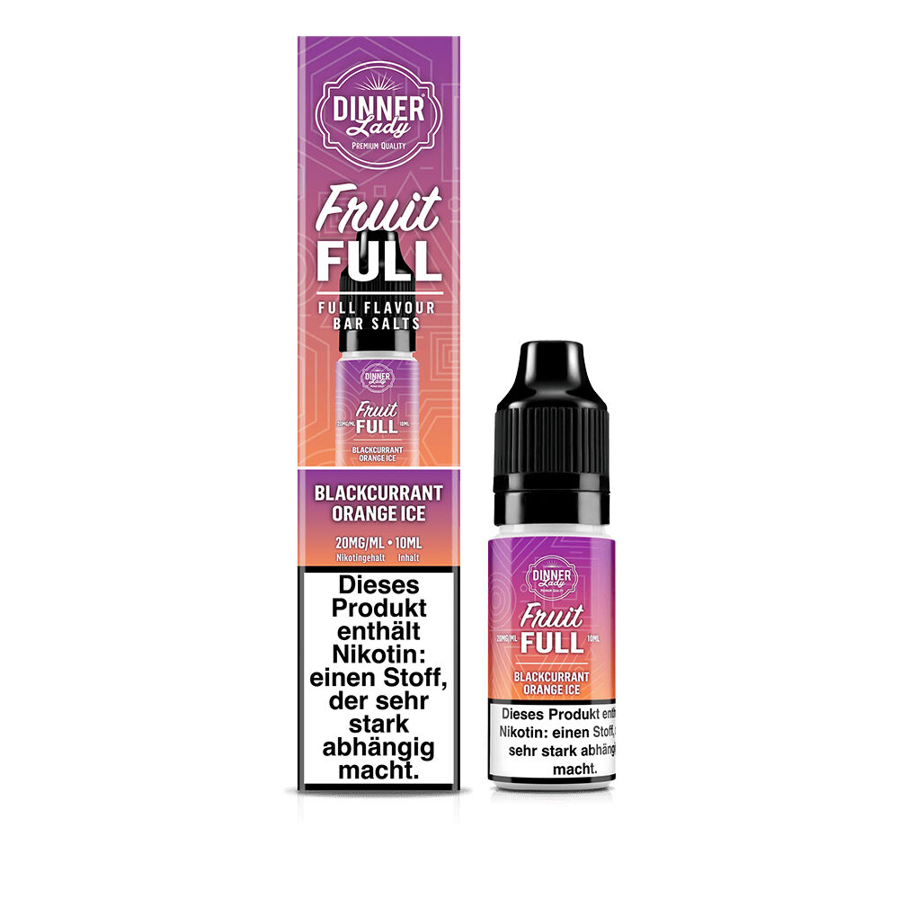 Dinner Lady Fruit Full Nikotinsalz - Blackcurrant Orange Ice Dinner Lady Fruit Full Nikotinsalz Blackcurrant Orange Ice 20mg Flasche und Verpackung mit Warnhinweis über Nikotinabhängigkeit.