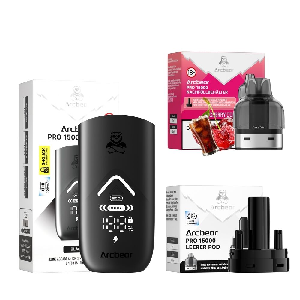 Arcbear Pro 15000 Set - Cherry Cola Ice 20mg Arcbear Pro 15000 Set mit schwarzem Gerät, Nachfüllbehälter Cherry Cola Ice 20mg und leerem Pod, Verpackungen sichtbar.