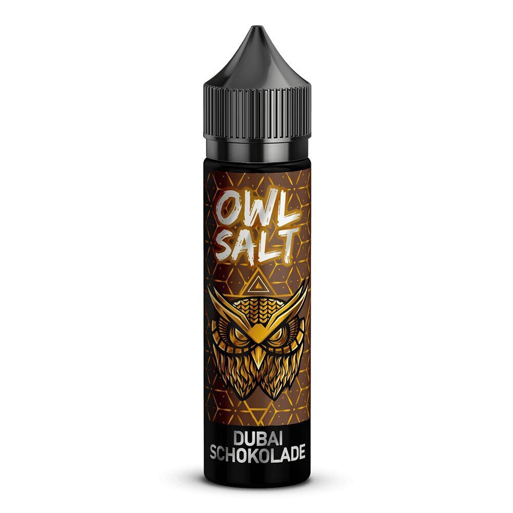 Aroma Dubai Schokolade - Owl Salt Dunkle Flasche mit goldenem Eulen-Design und der Aufschrift OWL SALT, Dubai Schokolade flavor.