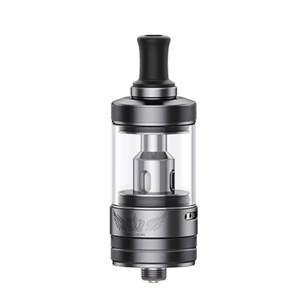 Uwell Crown Nano MTL Tank - Gunmetal Uwell Crown Nano MTL Tank aus Gunmetal mit durchsichtigem Tank, schwarzem Mundstück und dekorativem Emblem auf der Unterseite.