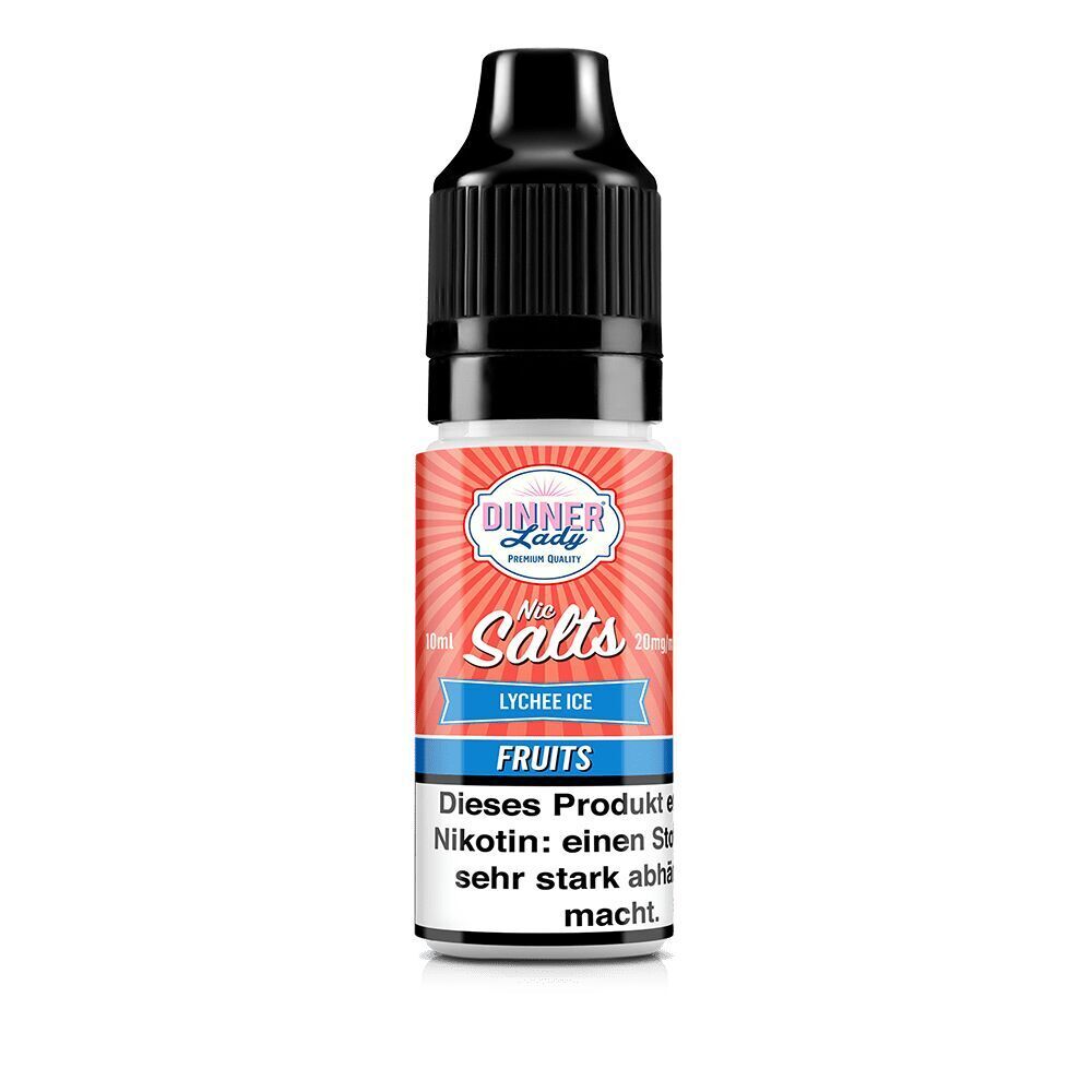 Liquid Lychee Ice - Dinner Lady Nikotinsalz Dinner Lady Nikotinsalz Lychee Ice 10mg, 10ml Flasche mit rotem Etikett, blauen und weißen Akzenten, enthält Nikotin und Warnhinweis.