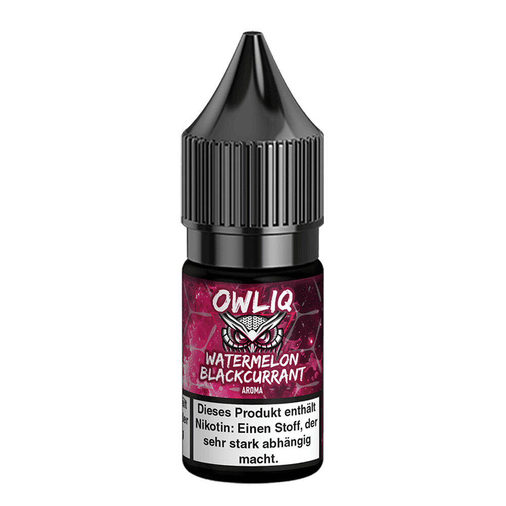 Owliq Nikotinsalz - Watermelon Blackcurrant Owliq Nikotinsalz-Flasche mit Watermelon Blackcurrant-Aroma-Label, rot-schwarz gestaltet, Warnhinweis für starken Nikotingehalt sichtbar